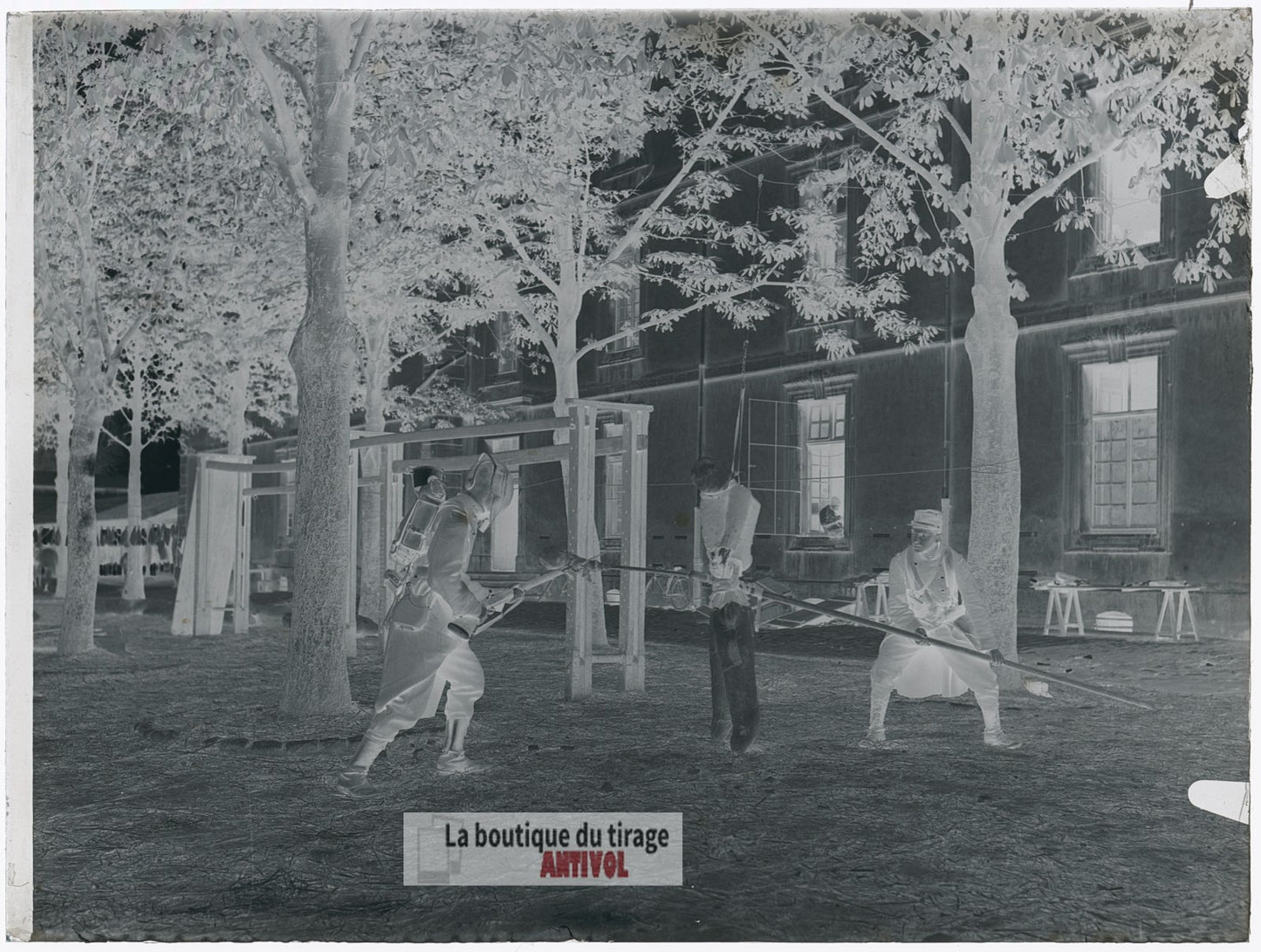 Entraînement à la baïonnette, plaque verre, photo ancienne, négatif 9x12 cm