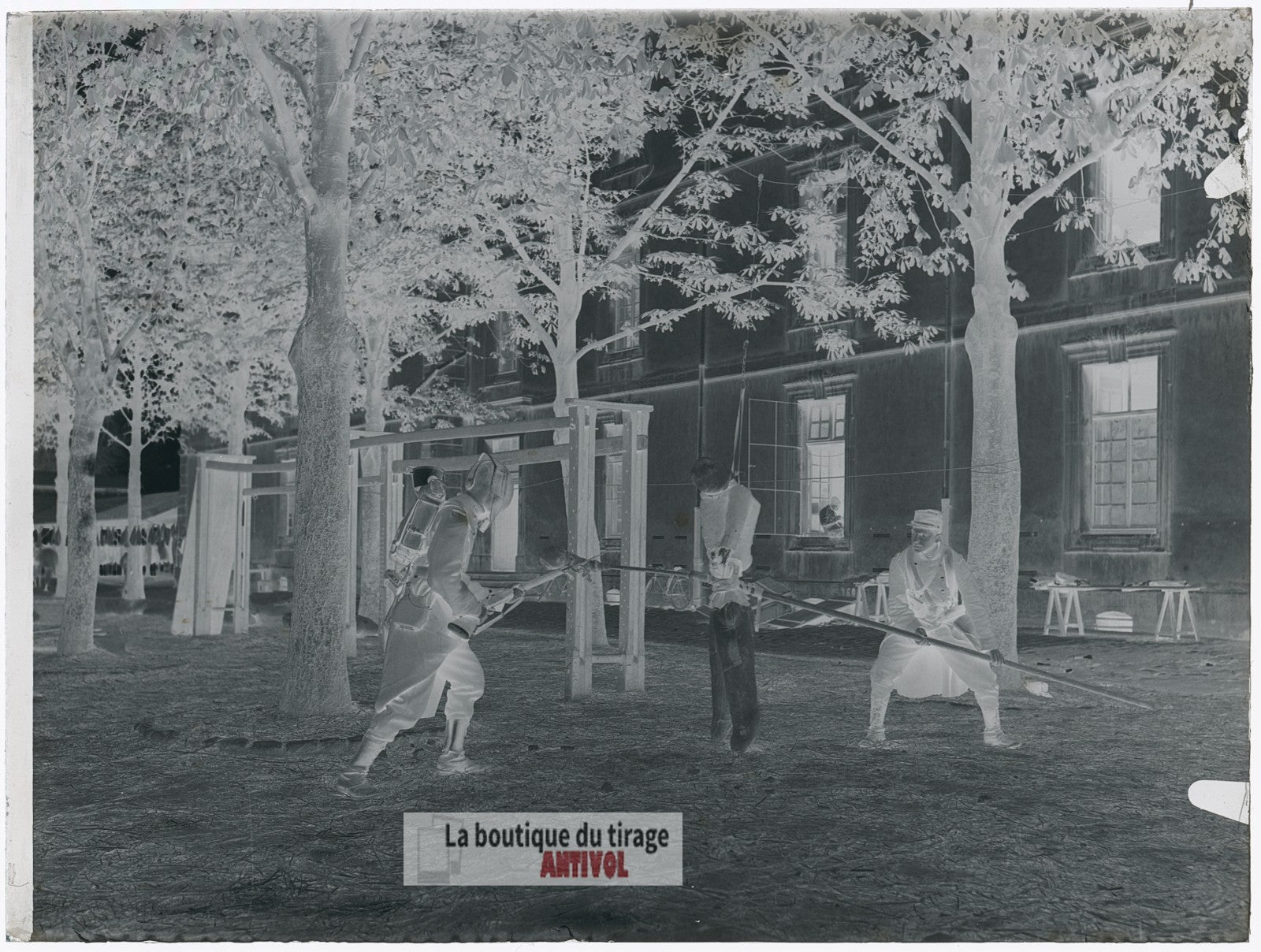 Entraînement à la baïonnette, plaque verre, photo ancienne, négatif 9x12 cm