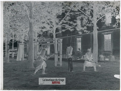 Entraînement à la baïonnette, plaque verre, photo ancienne, négatif 9x12 cm