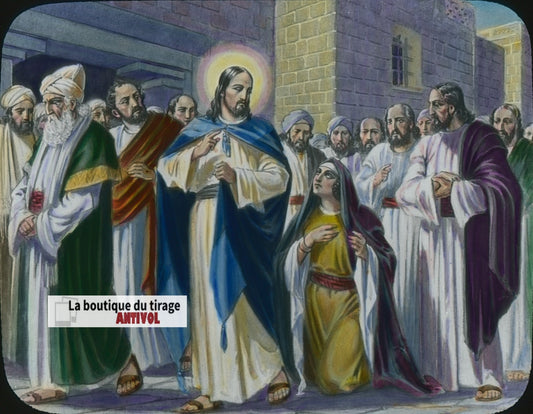 Guérison de l’hémorroïsse, dessin, plaque verre ancienne, couleur 8,5x10 cm