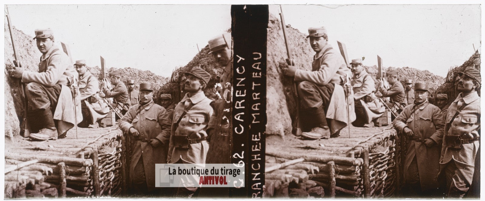 Tranchée Marteau Carency WW1, plaque verre stéréo, photo ancienne 4,5x10,7 cm