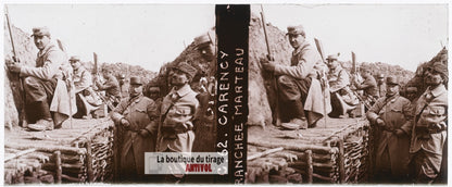 Tranchée Marteau Carency WW1, plaque verre stéréo, photo ancienne 4,5x10,7 cm