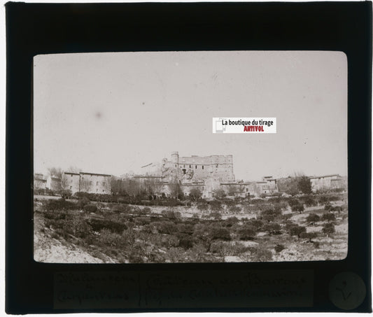 Château du Barroux, photo ancienne plaque verre, noir & blanc, positif 8,5x10 cm
