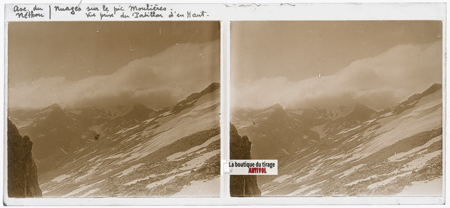 Pic Moulières, Pyrénées, plaque verre, photo ancienne stéréo, N&B 6x13 cm
