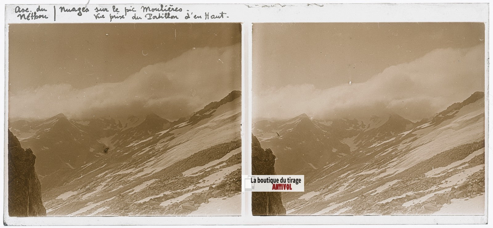 Pic Moulières, Pyrénées, plaque verre, photo ancienne stéréo, N&B 6x13 cm