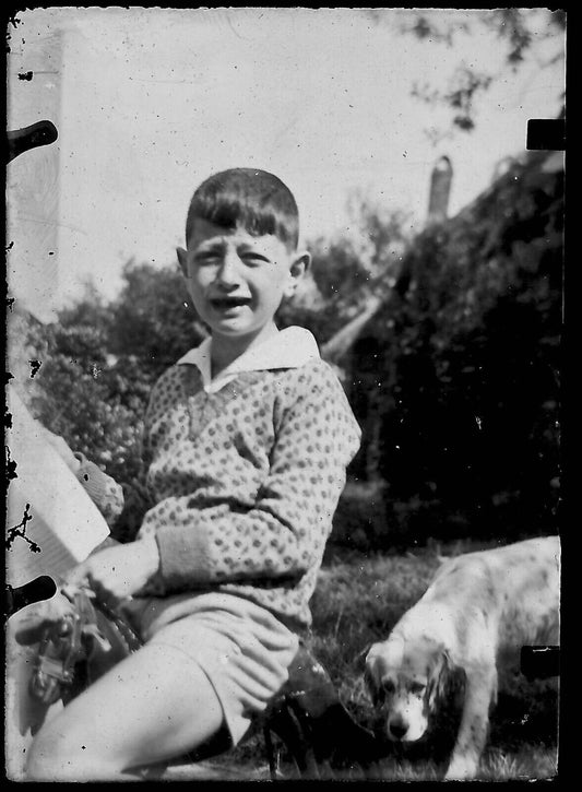 Plaque verre photo ancienne noir et blanc négatif 6x9 cm enfant garçon chien - La Boutique Du Tirage 