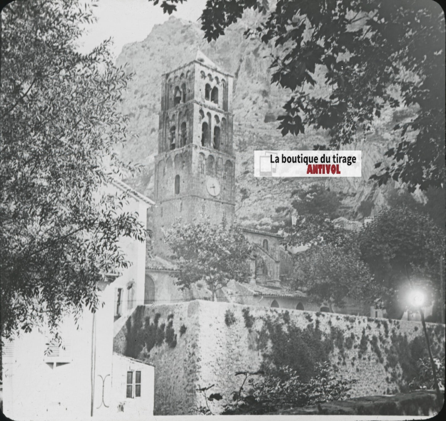 Moustiers-Sainte-Marie, clocher, photo ancienne plaque verre, positif 8,5x10 cm