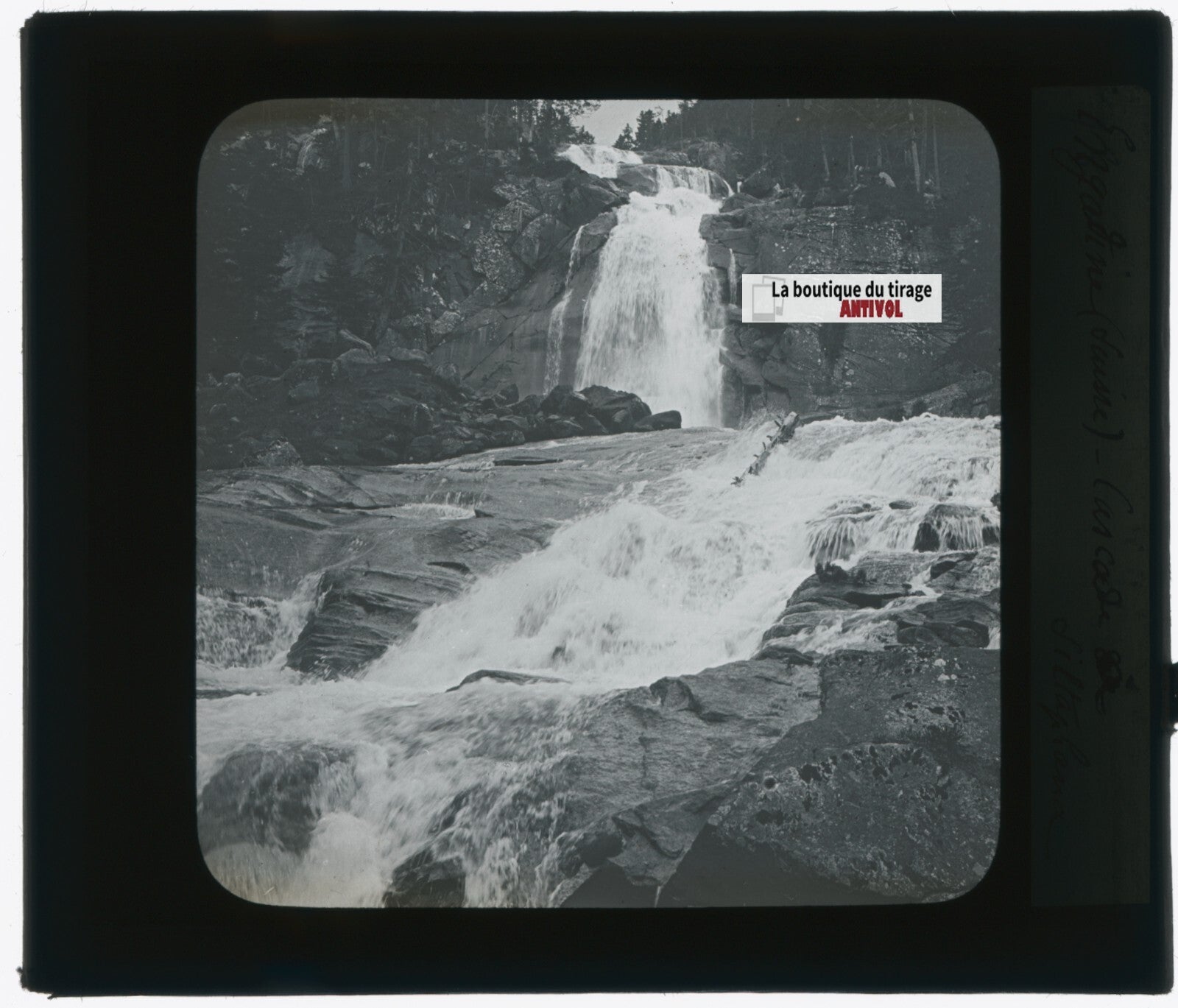Engadine, cascade, Suisse, photo plaque verre, noir & blanc, positif 8,5x10 cm