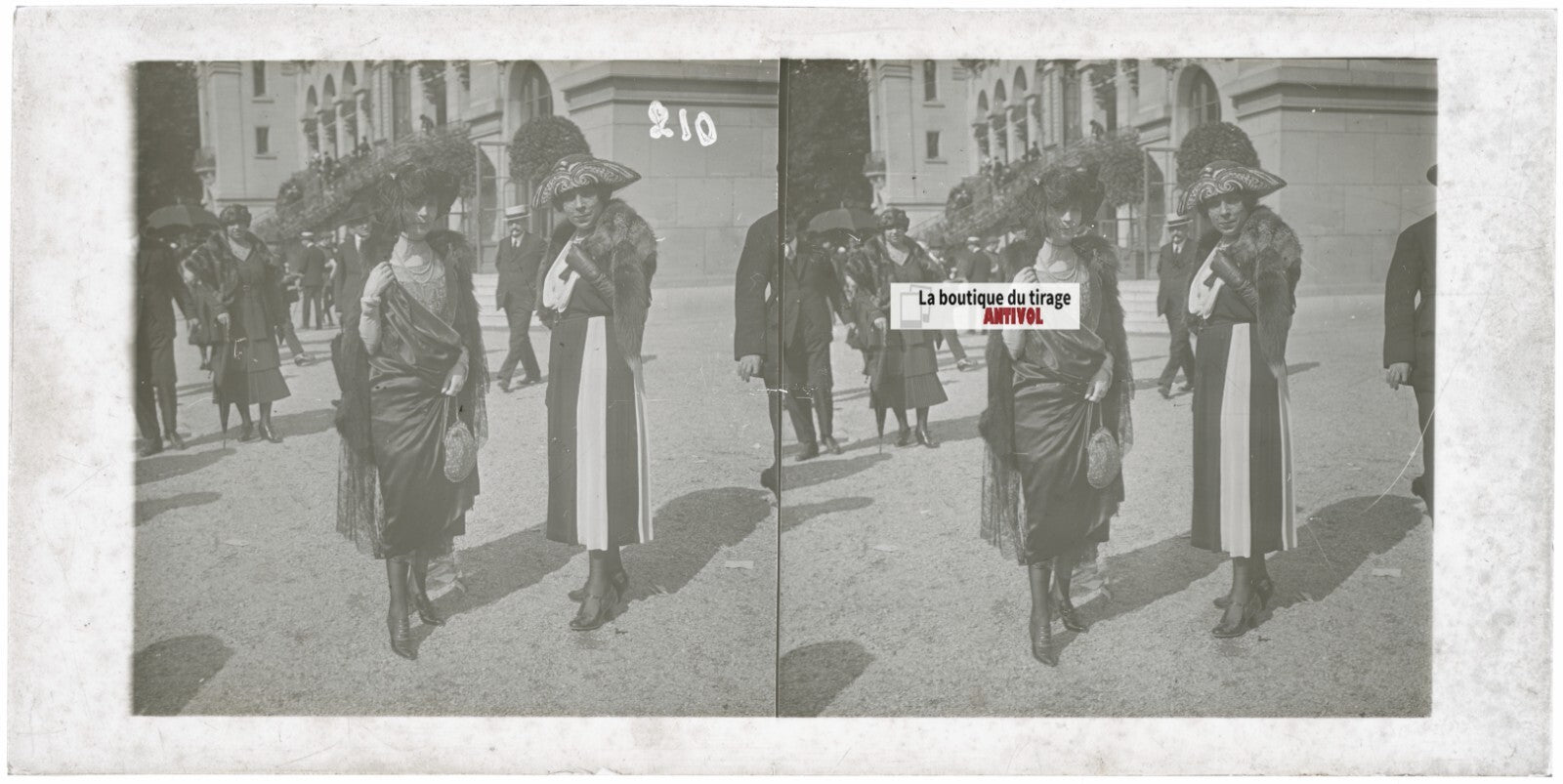 Personnages, Longchamp, Paris, plaque verre stéréoscopique, positif 8,5x17 cm