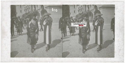 Personnages, Longchamp, Paris, plaque verre stéréoscopique, positif 8,5x17 cm