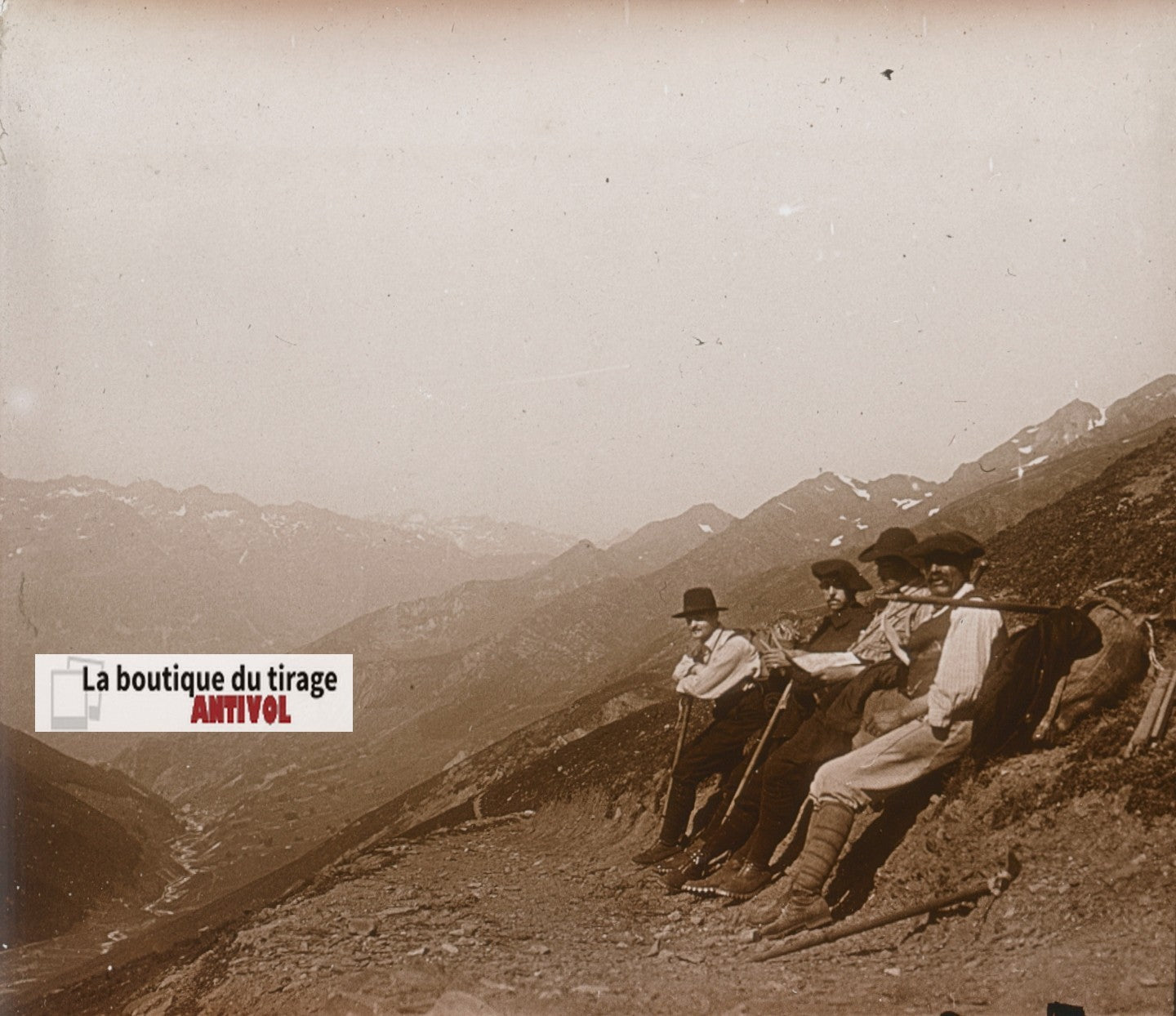 Vallée Barèges, Pic du Midi, plaque verre photo stéréo, sépia 6x13 cm
