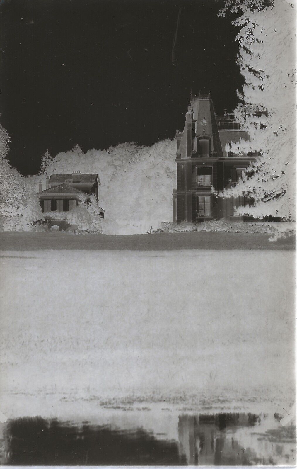 Plaque verre photo ancienne négatif 9x14 cm, noir et blanc château arbre parc