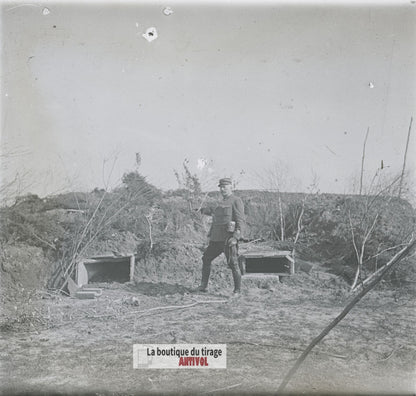 Secteur de tranchées, abris WW1, plaque verre photo ancienne stéréo 6x13 cm