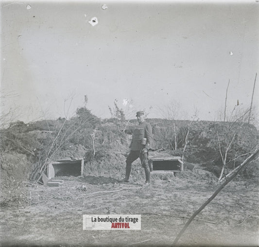 Secteur de tranchées, abris WW1, plaque verre photo ancienne stéréo 6x13 cm
