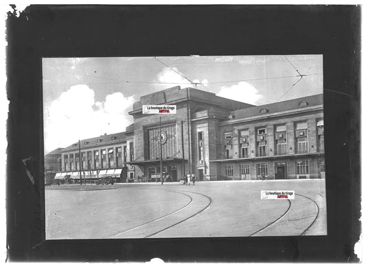 Plaque verre photo ancienne positif noir & blanc 13x18 cm Mulhouse gare ville