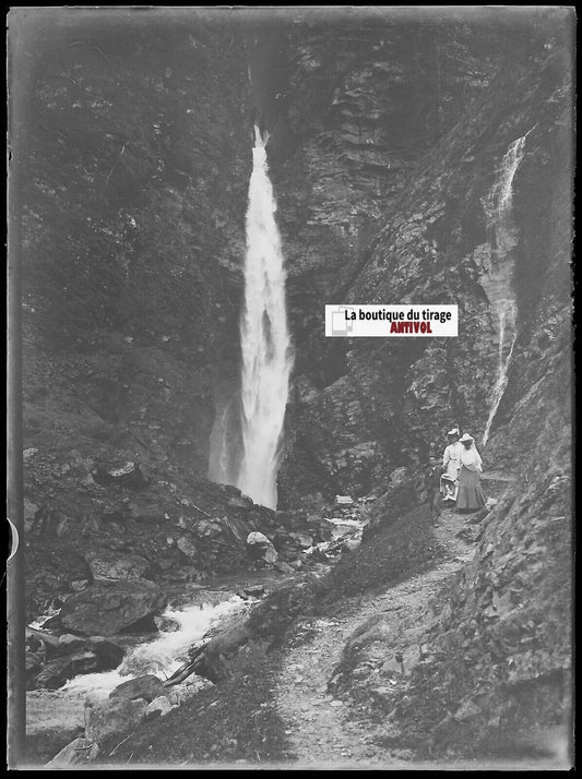 Luchon, cascade d'Enfer, Plaque verre photo, négatif noir & blanc 9x12 cm