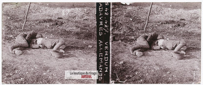 Verdun, soldats allemands, guerre WW1, plaque verre stéréo, photo 4,5x10,7 cm