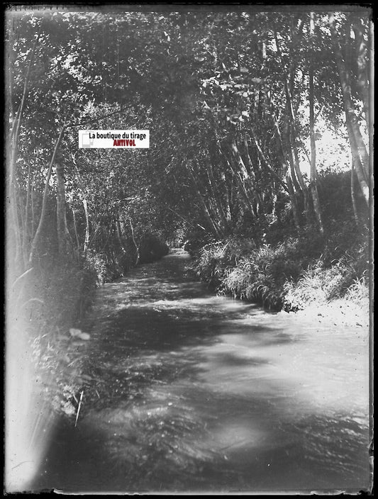 Rivière, paysage, eau, Plaque verre photo ancienne, négatif noir & blanc 9x12 cm