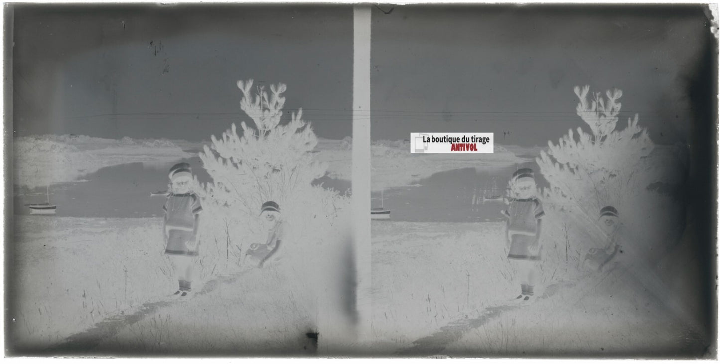 Bretagne, mer, bateau, stéréoscopie, photo plaque verre, négatif 9x18 cm