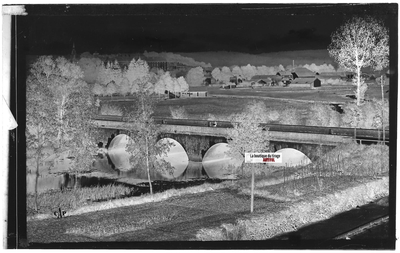 Plaque verre photo, négatif noir & blanc 9x14 cm Neufchâteau, pont, rivière