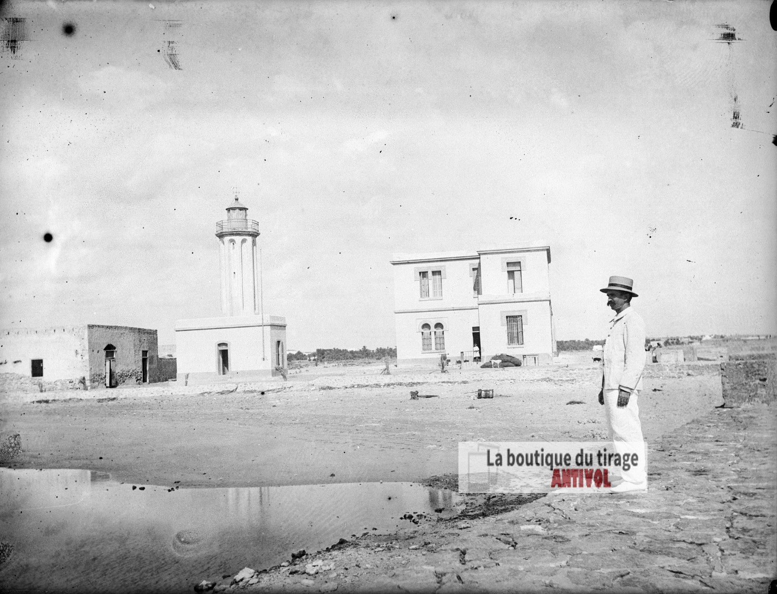 Zarzis Tunisie, douane phare, plaque verre photo ancienne, négatif 9x12 cm
