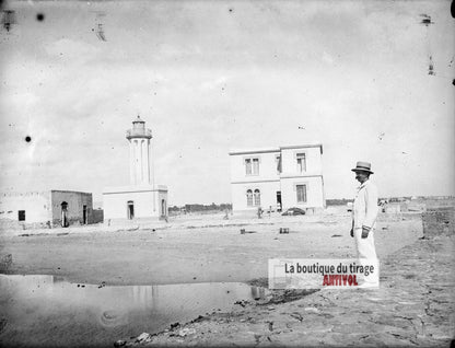 Zarzis Tunisie, douane phare, plaque verre photo ancienne, négatif 9x12 cm