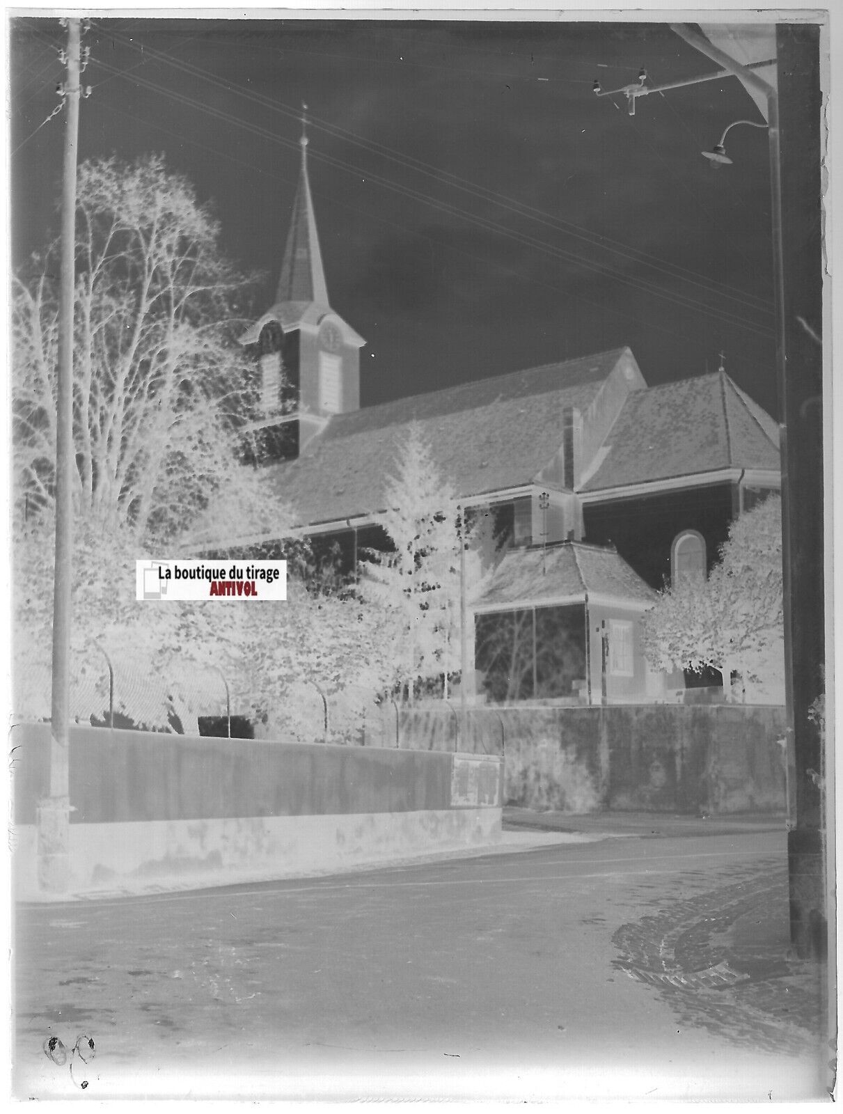 Oberschaeffolsheim, église, Plaque verre photo, négatif noir & blanc 9x12 cm