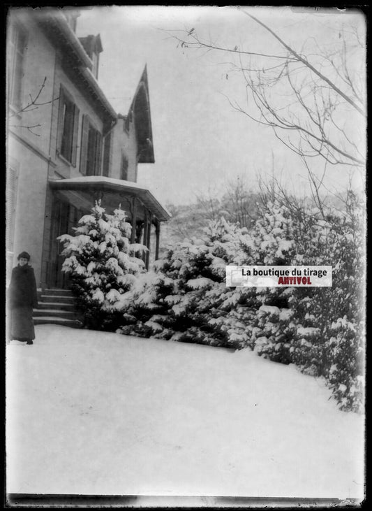 Plaque verre photo ancienne négatif noir et blanc 13x18 cm maison neige hiver