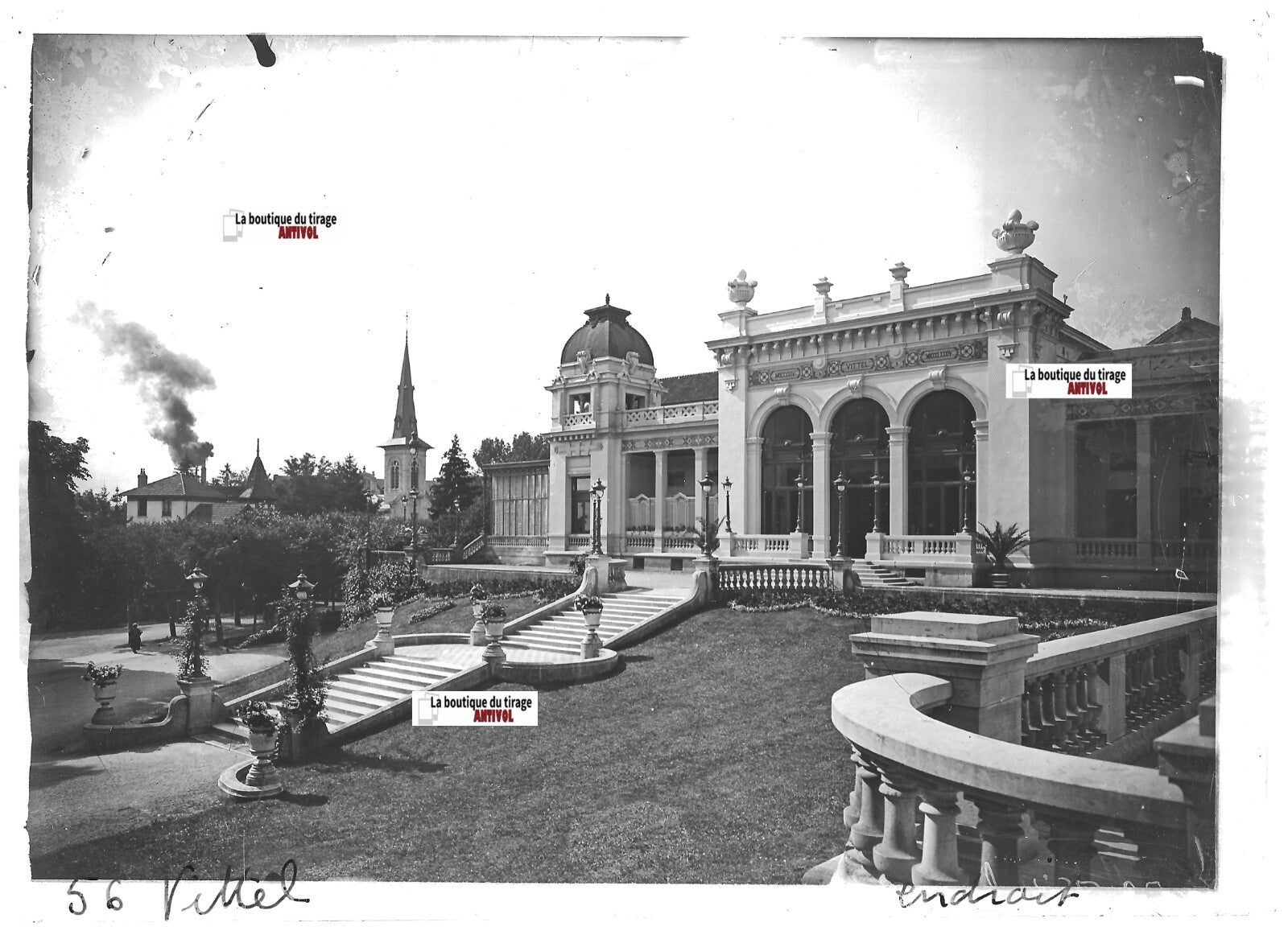 Plaque verre photo positif noir et blanc 13x18 cm Vittel Vosges, entrée casino