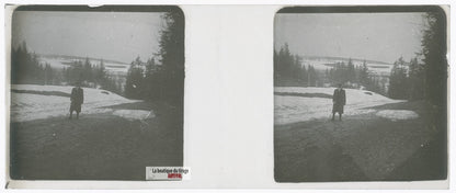 Promeneur solitaire, hiver, plaque verre stéréo, photo ancienne 4,5x10,7 cm