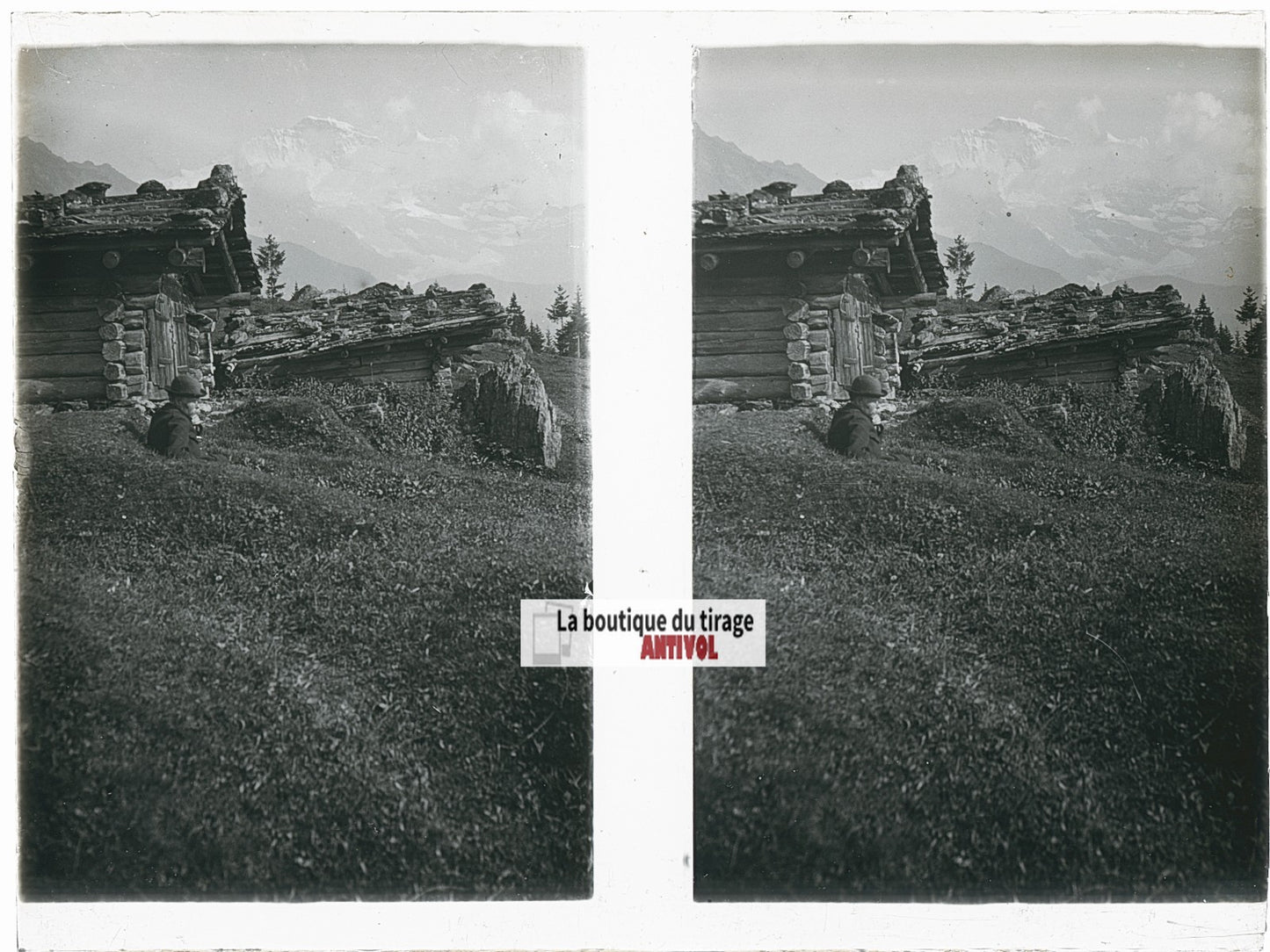 Homme chapeau, Alpes Suisse, stéréo photo plaque verre, noir & blanc, 9x12 cm