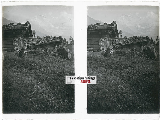 Homme chapeau, Alpes Suisse, stéréo photo plaque verre, noir & blanc, 9x12 cm