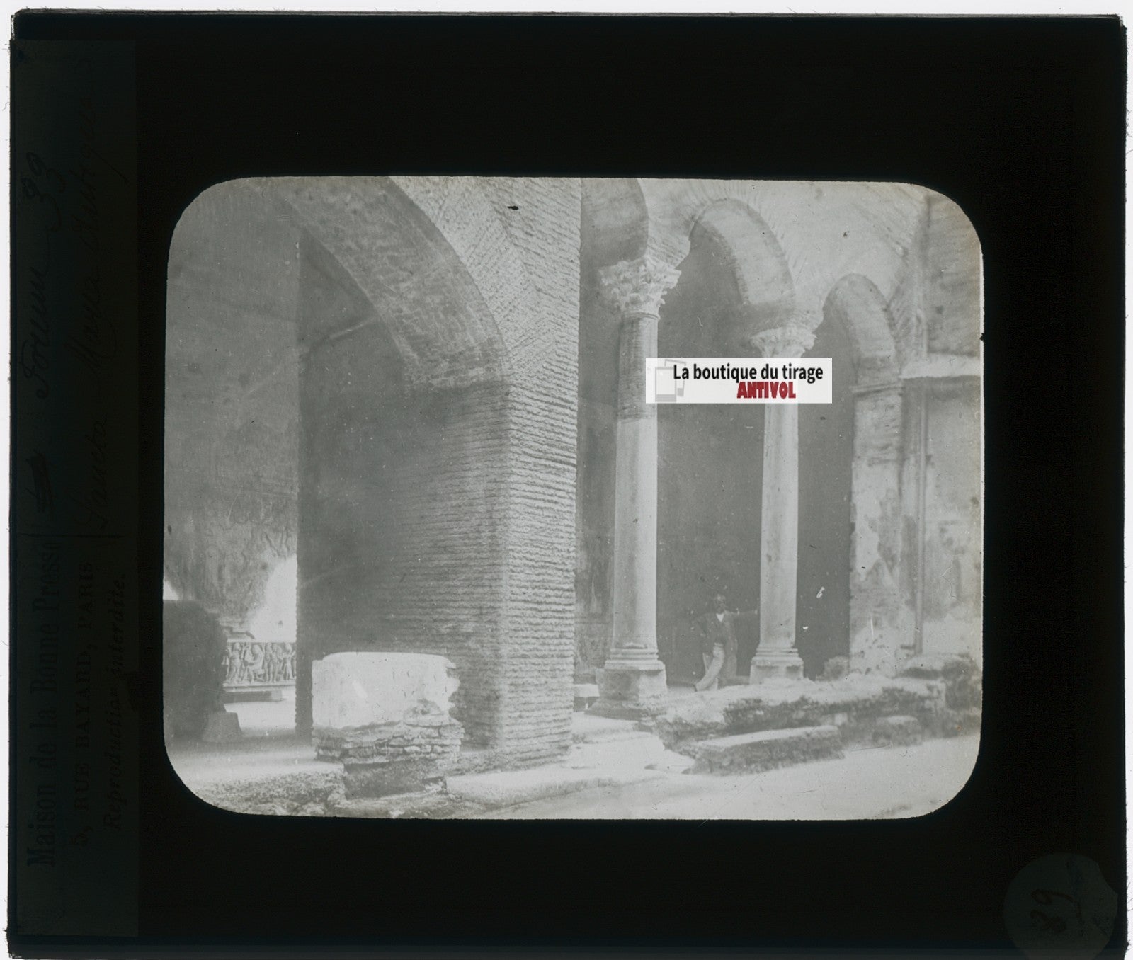 Cloître Santa Maria Antiqua, photo plaque verre, noir & blanc, positif 8,5x10 cm
