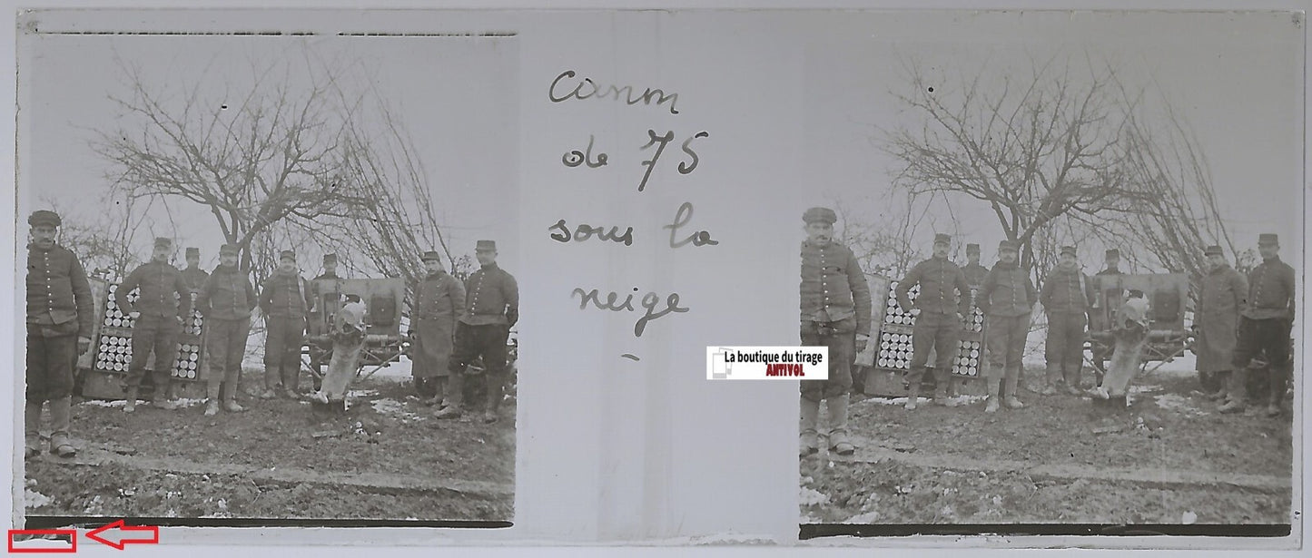 Canon de 75, guerre WW1, Plaque verre stéréo, positif noir & blanc 4,5x10,7 cm