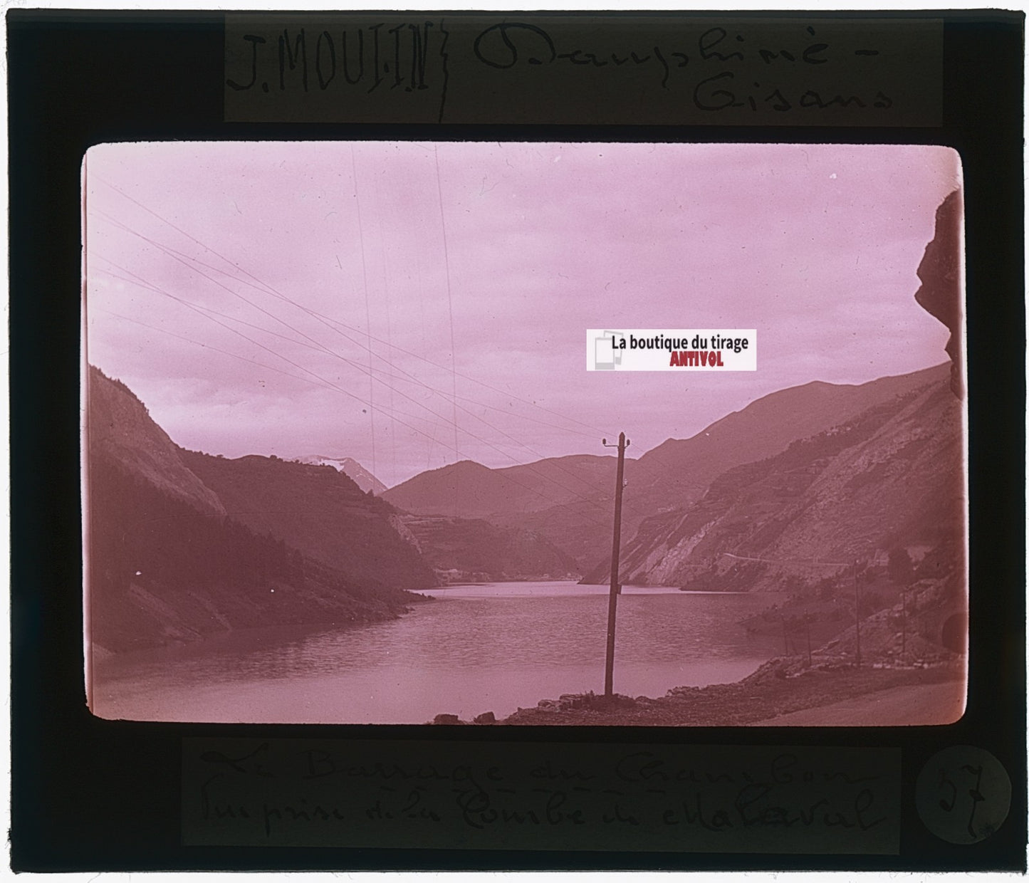 Lac du Chambon, photo J. Moulin, plaque verre, couleur, positif 8,5x10 cm