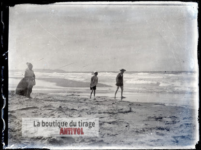 Baignade mer, Oran, Algérie, plaque verre, photo ancienne, négatif 9x12 cm