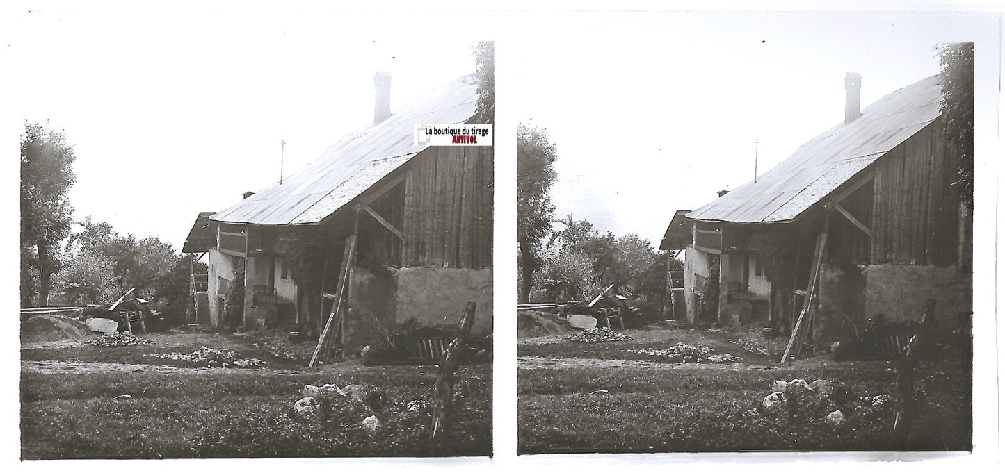 Montagne, maison, Plaque verre photo stéréo, positif noir & blanc 6x13 cm
