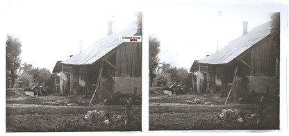 Montagne, maison, Plaque verre photo stéréo, positif noir & blanc 6x13 cm