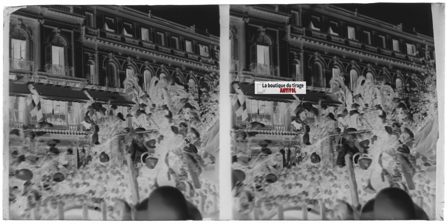 Carnaval de Nice ?, char fleur, plaque stéréo ancienne verre, négatif 9x18 cm