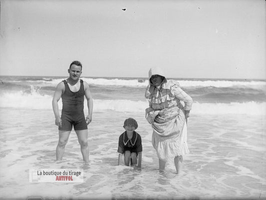 Baignade mer, Oran, Algérie, plaque verre, photo ancienne, négatif 9x12 cm