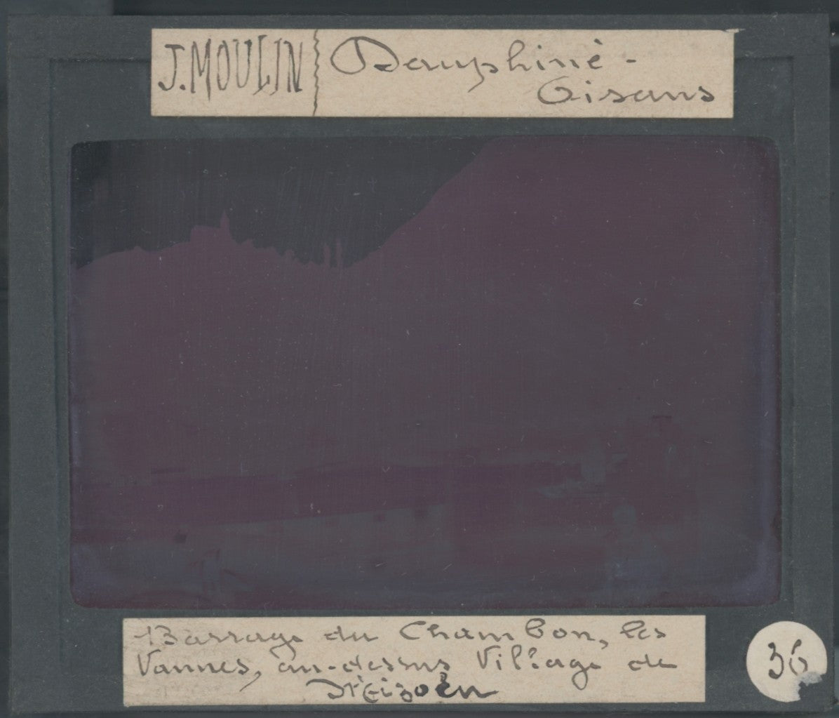 Barrages du Chambon, photo J. Moulin, plaque verre, couleur, positif 8,5x10 cm