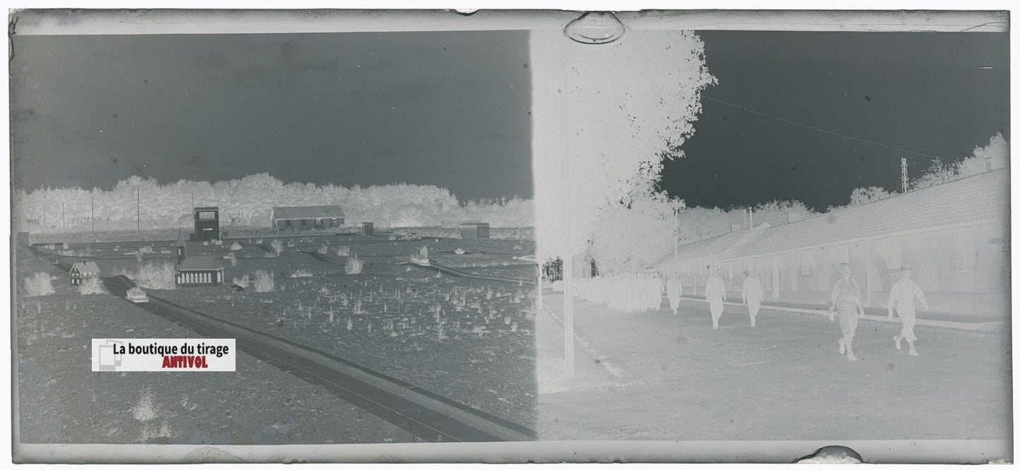 Camp du Ruchard, soldats, plaque verre, photo ancienne, négatif N&B 6x13 cm