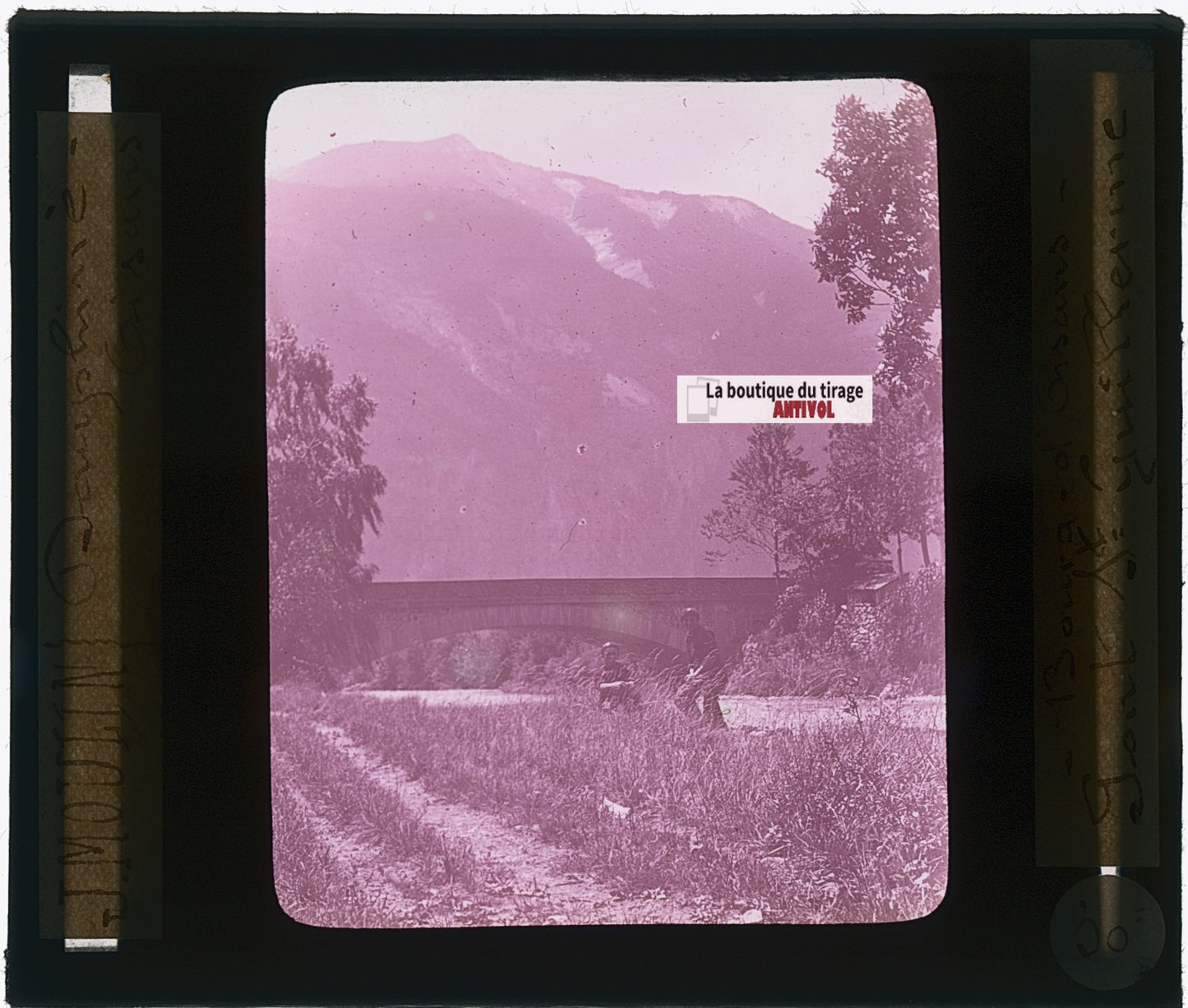 Pont Saint-Guillerme, photo J. Moulin, plaque verre, couleur, positif 8,5x10 cm
