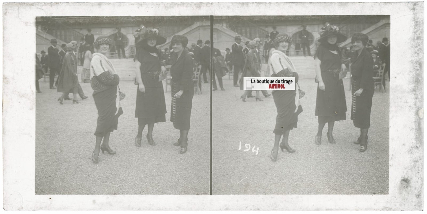 Personnages, Longchamp, Paris, plaque verre stéréoscopique, positif 8,5x17 cm