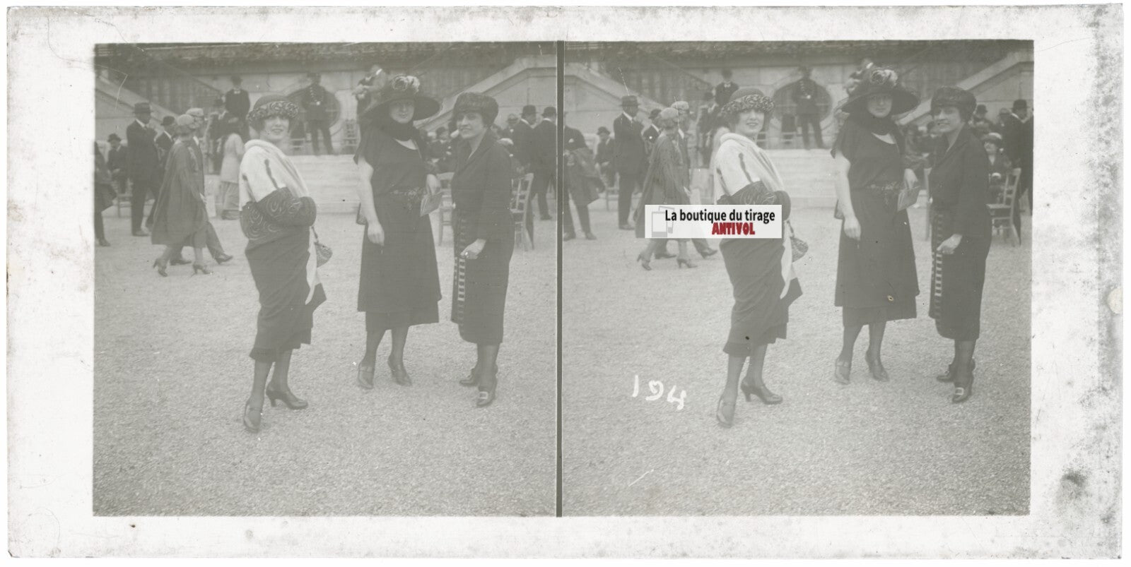 Personnages, Longchamp, Paris, plaque verre stéréoscopique, positif 8,5x17 cm