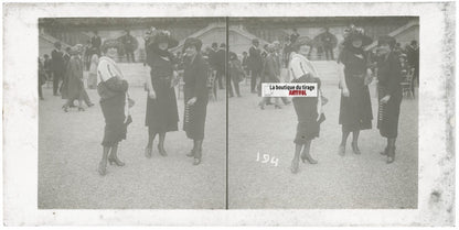 Personnages, Longchamp, Paris, plaque verre stéréoscopique, positif 8,5x17 cm