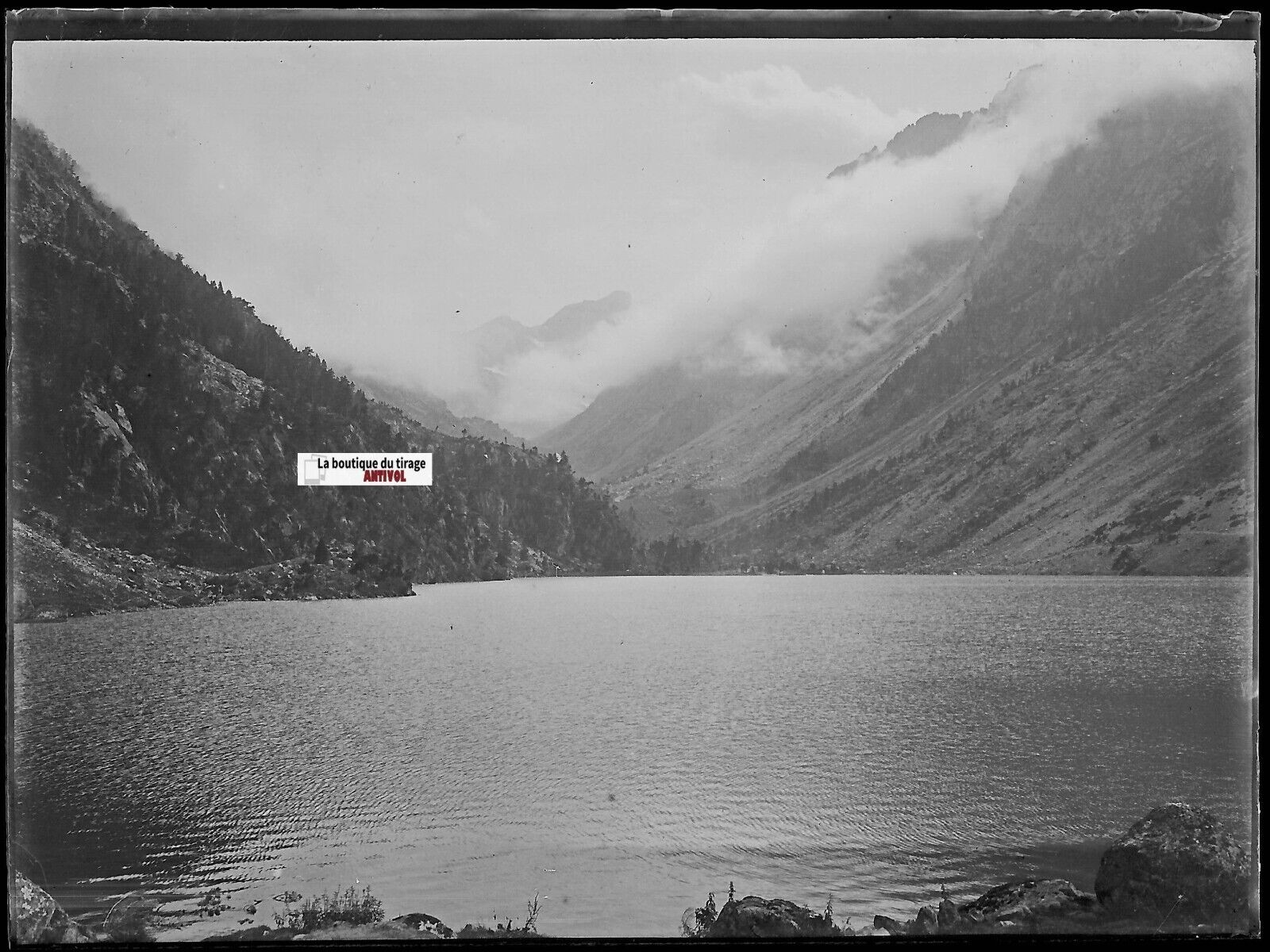 Pyrénées, Lac de Gaube, Plaque verre photo, négatif noir & blanc 9x12 cm