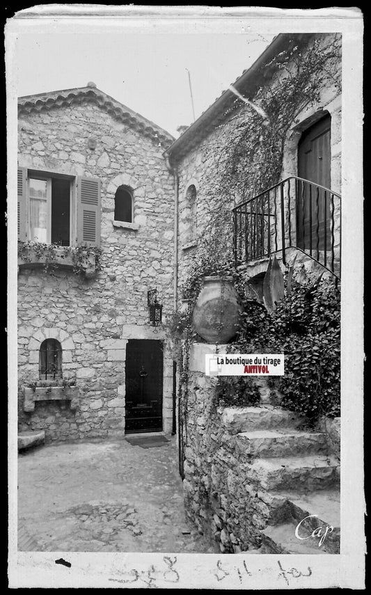 Plaque verre photo négatif noir & blanc 9x14 cm, Èze, château du prince de Suède