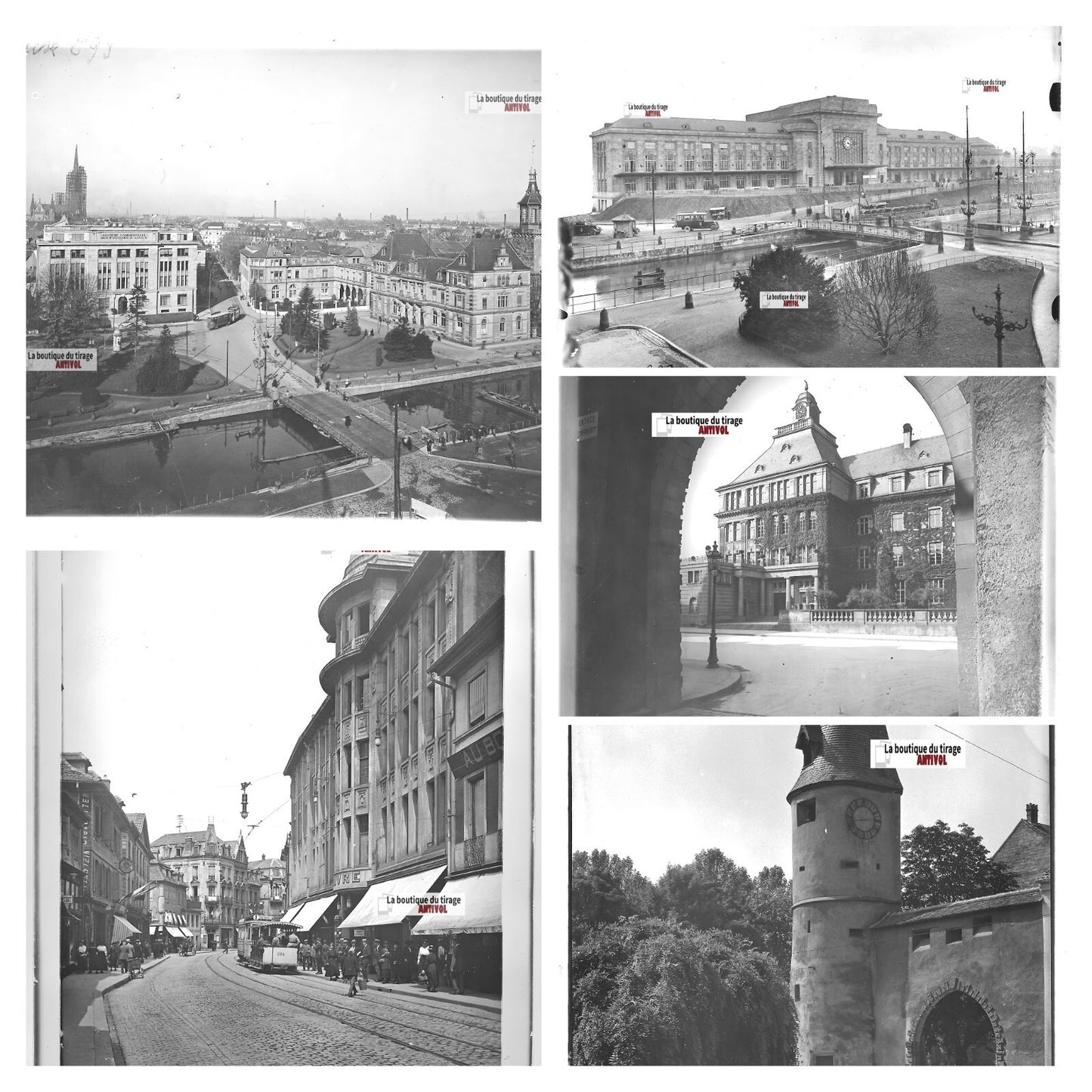 Mulhouse, tramway, gare, photos plaque de verre, lot de 5 positifs 13x18 cm