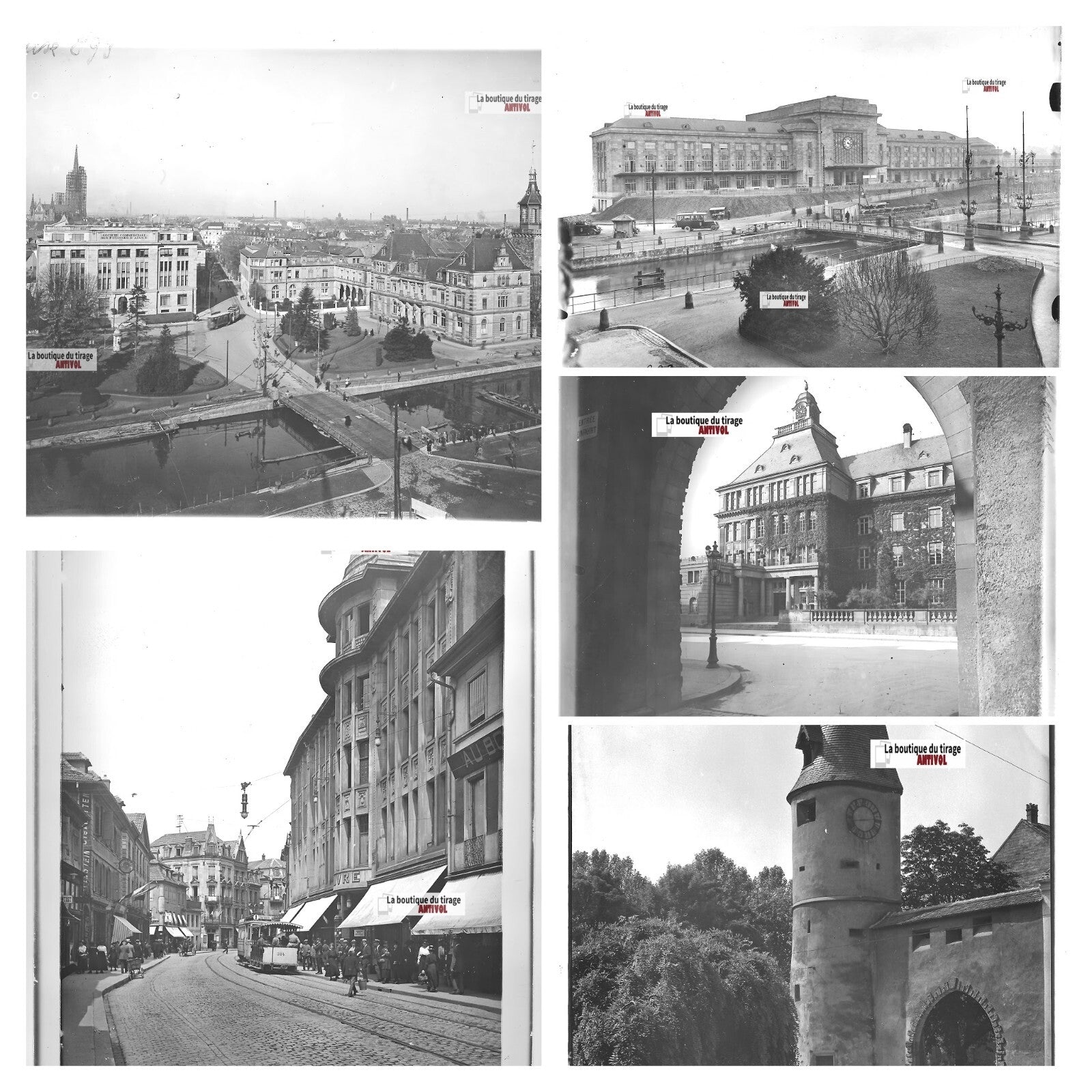 Mulhouse, tramway, gare, photos plaque de verre, lot de 5 positifs 13x18 cm